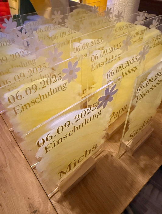Personalisierte Tischkarte zur Einschulung aus Acryl | Platzkarte Schulanfang, Hochzeit | Gastgeschenk Einschulung, Hochzeit